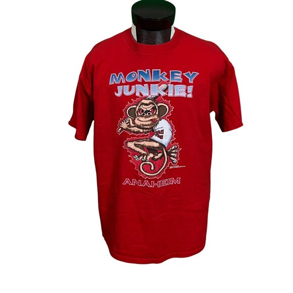 Monkey Junkie Anaheim Angles Red T-Shirt Fruit Of The Loom Baseball 2002 Size XL - Picture 1 of 7